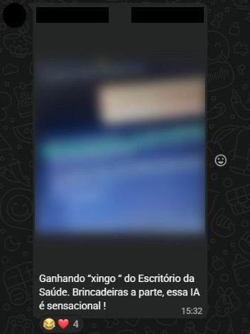 Mensagem de advogado no WhatsApp: 'Ganhando xingo do Escritório da Saúde. Brincadeiras à parte, essa IA é sensacional!'