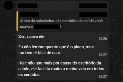 Advogada dizendo que trocou a calculadora anterior pela do Escritório da Saúde e não usa mais a antiga porque a nossa facilita muito a vida dela.