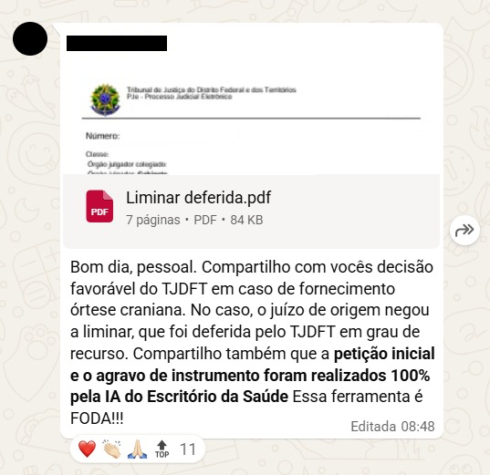 Relato de advogado sobre liminar deferida pelo TJDFT em caso de fornecimento de órtese craniana. Juízo de origem negou; TJDFT deferiu em grau de recurso. Petição inicial e agravo de instrumento redigidos na plataforma.