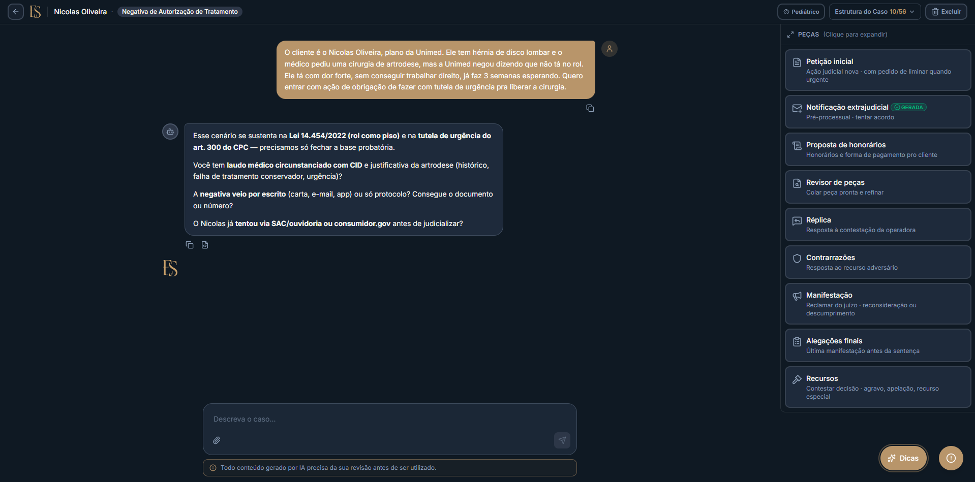 Chat do Agente de Tese qualificando o caso, com a Estrutura do Caso e o menu de peças à direita.