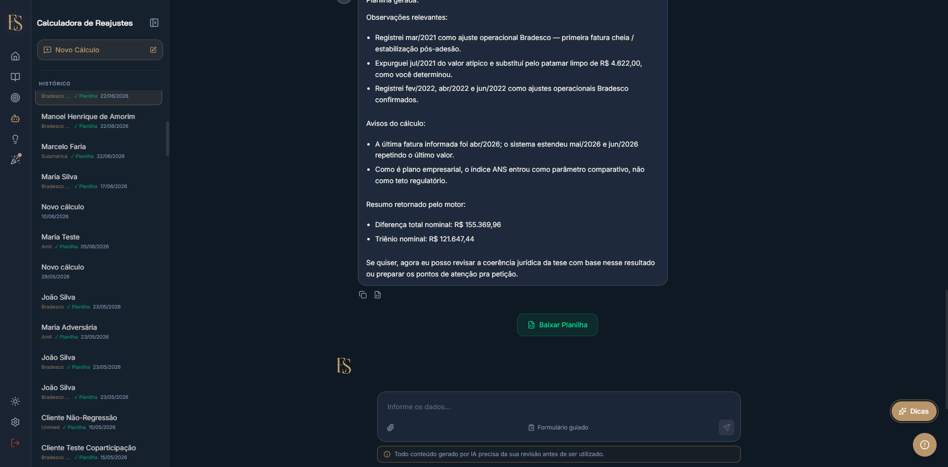 Calculadora de Reajustes com chat coletando dados e planilha comparativa gerada.