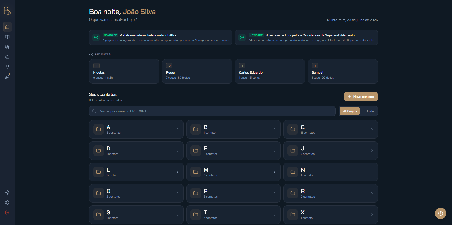 Home da plataforma com a lista de contatos organizada em pastas.