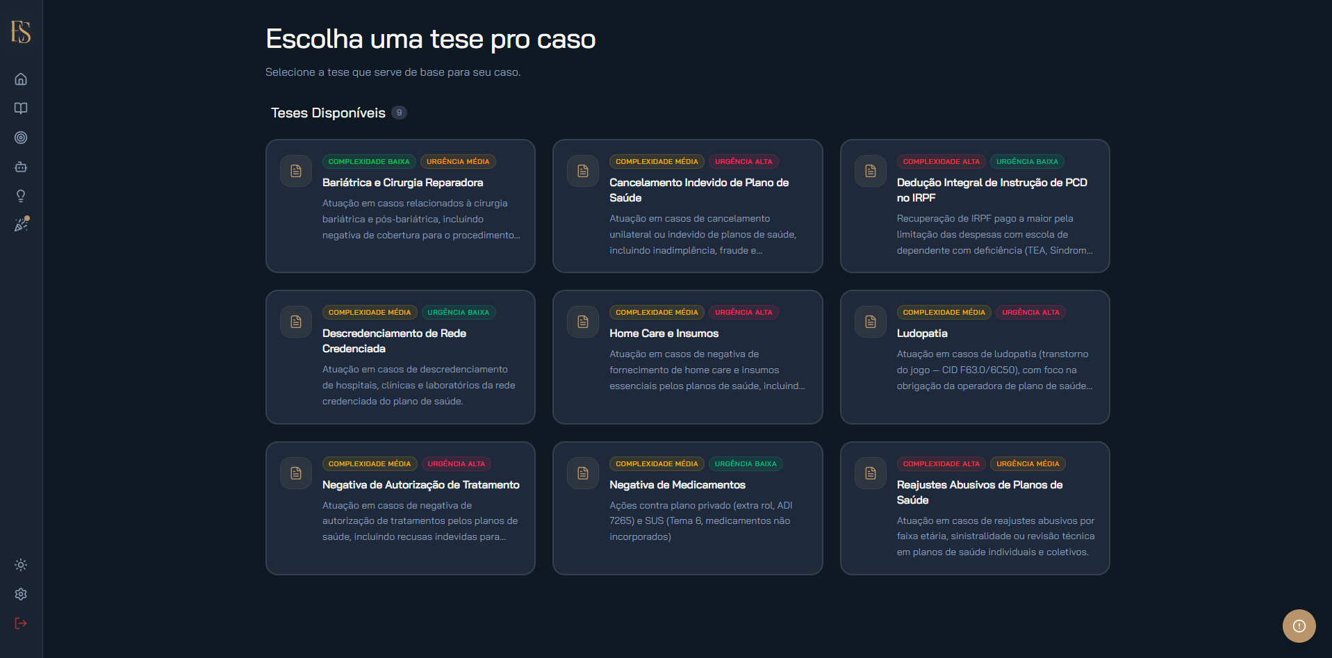 Catálogo de teses disponíveis, com complexidade e urgência marcadas em cada card.